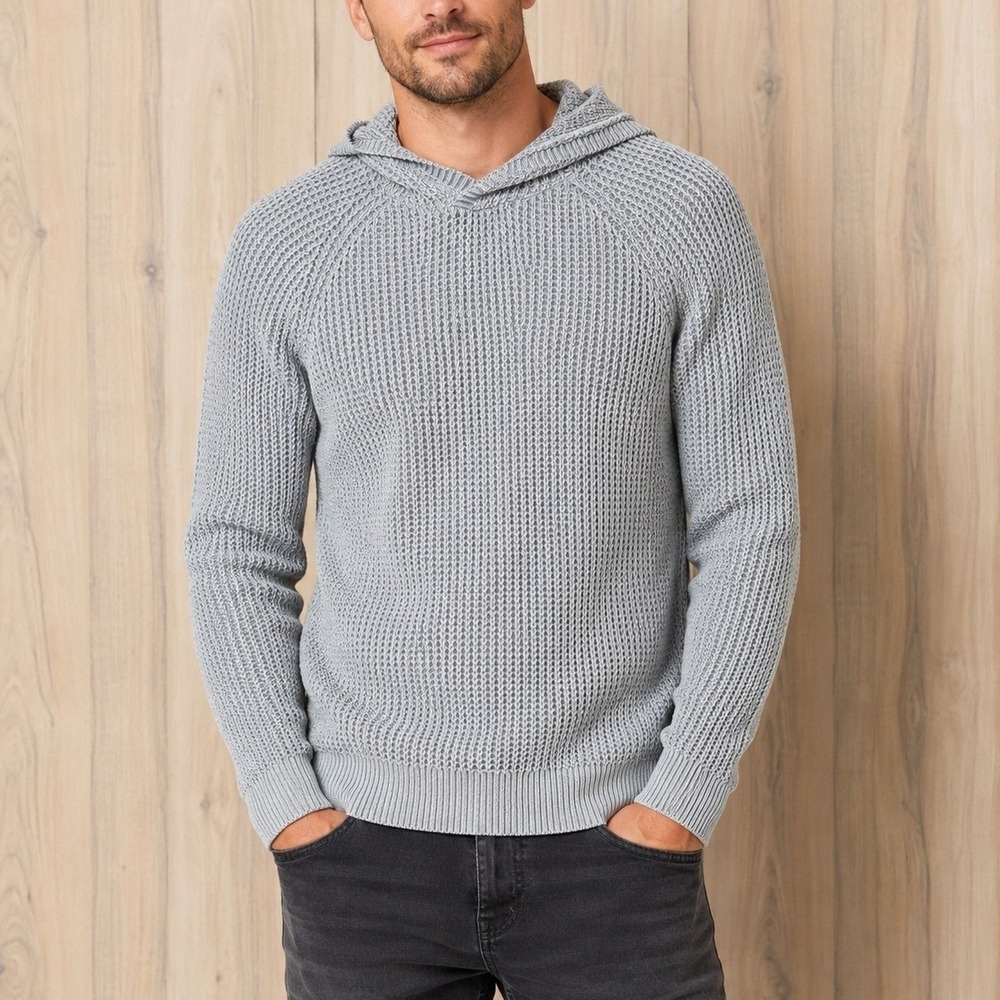 Express Mens Open Knit‎ Hooded Sweater Small Gray Cotton Pullover Coastal Preppy